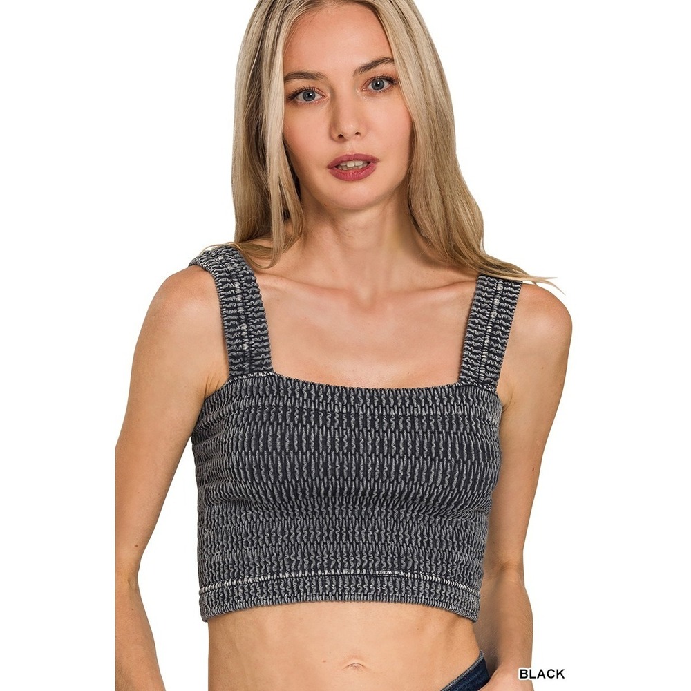 Zenana Seamless Winkle Stone Washed Bra Top - Black - L/XL